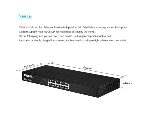 TOTOLINK SW16 16 PORT 10/100MBPS UNMANAGED SWITCH Głębokość produktu180