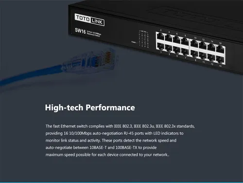 Totolink SW16 | Switch | 16x RJ45 100Mb/s, obudowa Rack, Niezarządzany Ilość portów Fast Ethernet (copper)16