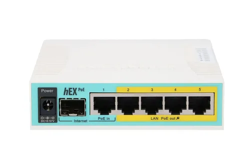 MikroTik hEX PoE | Router | 5x RJ45 1000Mb/s, 1x SFP, 1x USB Ilość portów LAN5x [10/100/1000M (RJ45)]
