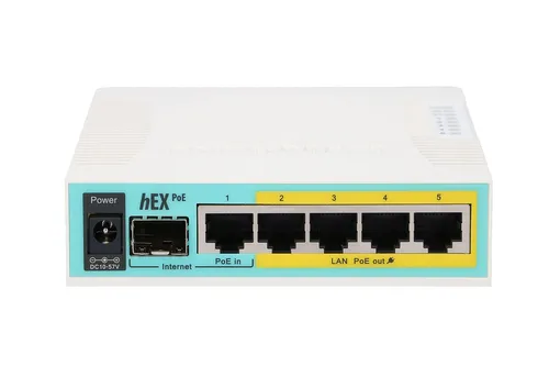 MikroTik hEX PoE | Router | 5x RJ45 1000Mb/s, 1x SFP, 1x USB Ilość portów LAN5x [10/100/1000M (RJ45)]

