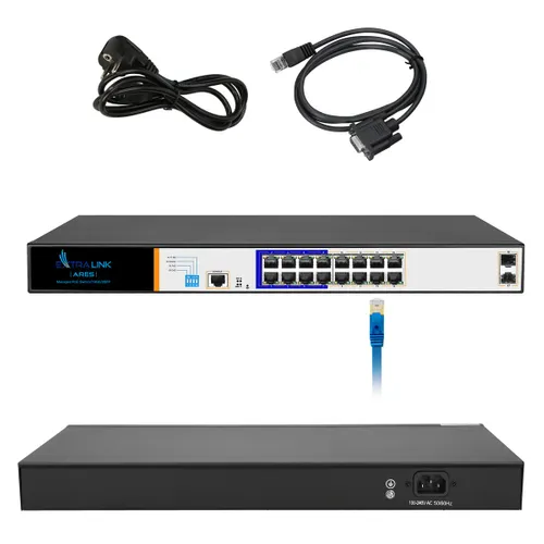 Extralink ARES | Switch PoE | 16x Gigabit PoE/PoE+, 2x SFP, 1x Port konzolový, 150W, Řízený Ilość portów LAN16x [10/100/1000M (RJ45)]
