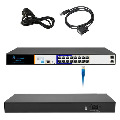 Extralink ARES | PoE Switch | 16x Gigabit PoE/PoE+, 2x SFP, 1x Puerto de consol, 150W, Gestionable Ilość portów LAN16x [10/100/1000M (RJ45)]
