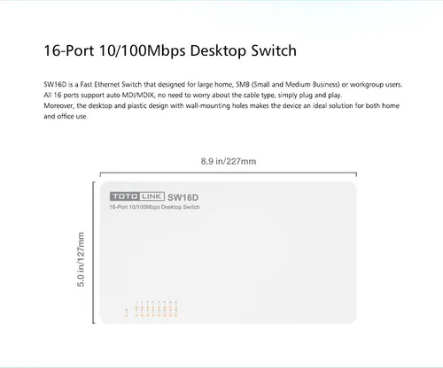 Totolink SW16D | Switch | 16x RJ45 100Mb/s, Kryt Desktop, neřízený Ilość jednostek zasilania1