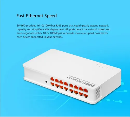 Totolink SW16D | Switch | 16x RJ45 100Mb/s, obudowa Desktop, Niezarządzany Ilość portów Fast Ethernet (copper)16