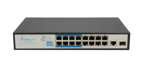 Extralink VIRTUS VER.2 | PoE Switch | 16x 100Mb/s PoE/PoE+, 1x Gigabit Combo (SFP/RJ45), 150W Ilość portów LAN16x [10/100M (RJ45)]
