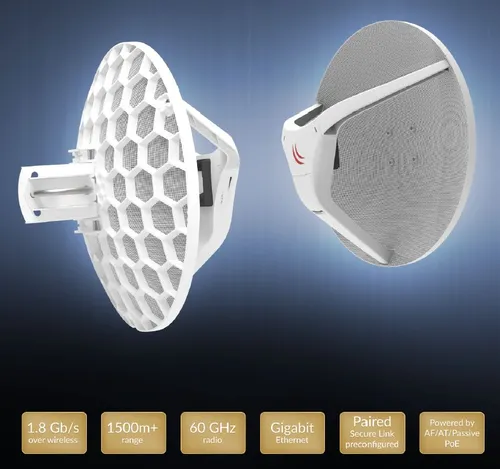 MikroTik Wireless Wire Dish | Radioline | RBLHGG-60adkit, 60GHz, 1x RJ45 1000Mb/s Dystans łącza radiowego1500 m