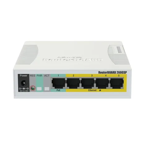 MikroTik RB260GSP | Switch | CSS106-1G-4P-1S, 5x RJ45 1000Mb/s, 1x SFP, 4x Passive PoE Ilość portów LAN5x [10/100/1000M (RJ45)]
