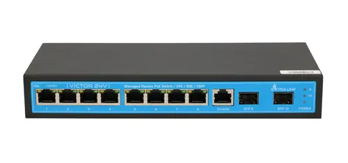 Extralink VICTOR-24V | Switch PoE | 8x Gigabit Passive PoE (24V) , 2x SFP, 1x Port konzolový, 120W, Řízený Ilość portów LAN8x [10/100/1000M (RJ45)]
