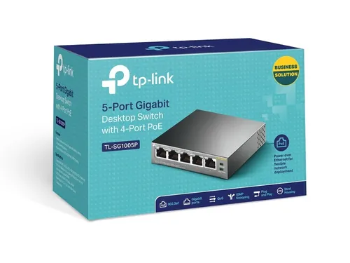 TP-Link TL-SG1005P | Switch | 5x RJ45 1000Mb/s, 4x PoE, Desktop Standard sieci LANGigabit Ethernet 10/100/1000 Mb/s