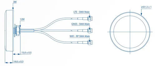 Teltonika 003R-00254 | Anténa Combo | SISO LTE/GPS/WIFI, střechová s konektory 2x SMA nebo  1x RP-SMA Zysk energetyczny<10 dBi