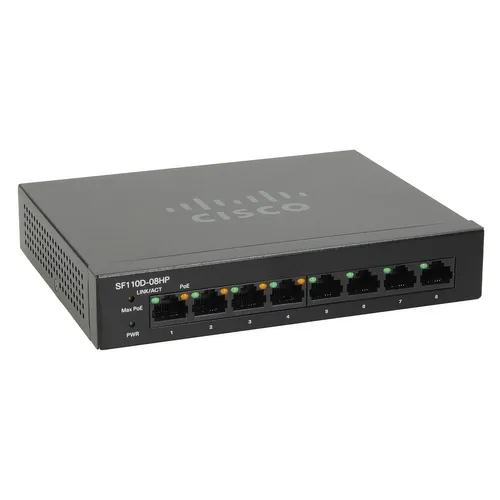 Cisco SF110D-08HP | Switch | 8x 100Mb/s, 4x PoE 802.3af, Obudowa Desktop Ilość portów LAN8x [10/100M (RJ45)]
