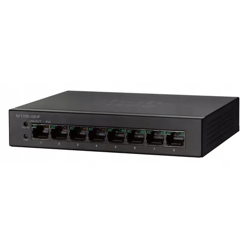 Cisco SF110D-08HP | Коммутатор | 8x 100Mb/s, 4x PoE 802.3af, установка на стол Ilość portów PoE4x [802.3af/at (100M)]
