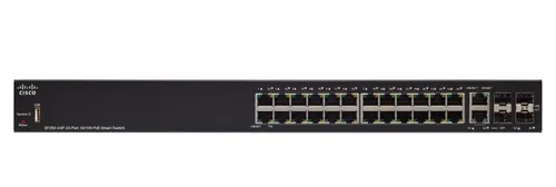 Cisco SF250-24P | Switch | 24x 100Mb/s PoE/PoE+, 2x 1Gb/s Combo(RJ45/SFP), PoE 185W, Yönetilen Ilość portów LAN2x [1G (SFP)]
