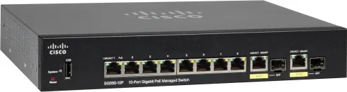 Cisco SG350-10P | PoE Switch | 8x 1000Mb/s PoE, 62W, 2x Combo(RJ45/SFP), gestito Ilość portów LAN2x [1G Combo (RJ45/SFP)]
