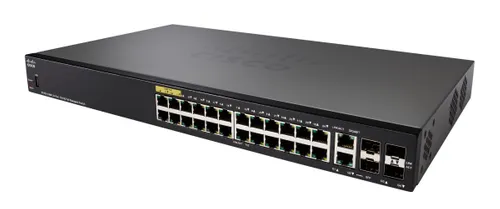Cisco SF350-24MP | Switch | 24x 100Mb/s Max PoE, 375W, 2x Combo(RJ45/SFP) + 2x SFP, Zarządzalny Ilość portów LAN24x [10/100M (RJ45)]
