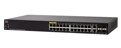 Cisco SF350-24P | Switch | 24x 100Mb/s PoE, 185W, 2x Combo(RJ45/SFP) + 2x SFP, Zarządzalny Ilość portów LAN24x [10/100M (RJ45)]
