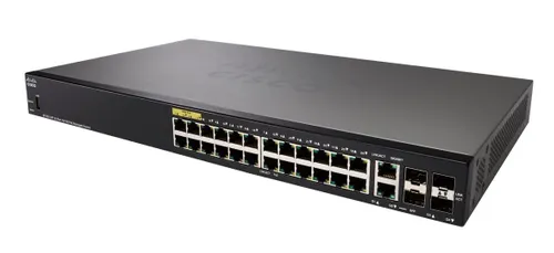 Cisco SF350-24P | Switch | 24x 100Mb/s PoE, 185W, 2x Combo(RJ45/SFP) + 2x SFP, administrado Ilość portów LAN2x [1G Combo (RJ45/SFP)]
