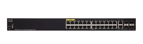 Cisco SF350-24P | Switch | 24x 100Mb/s PoE, 185W, 2x Combo(RJ45/SFP) + 2x SFP, Řízený Ilość portów PoE24x [802.3af/at (100M)]
