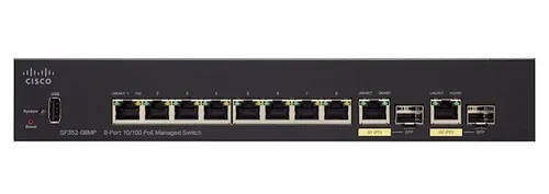 Cisco SF352-08MP | Switch | 8x 100Mb/s Max PoE, 128W, 2x 1Gb/s Combo(RJ45/SFP) , Zarządzalny Ilość portów LAN2x [1G Combo (RJ45/SFP)]

