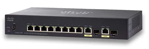 Cisco SF352-08P | Коммутатор | 8x 100Mb/s Max PoE, 62W, 2x 1Gb/s Combo(RJ45/SFP) , управляемый Ilość portów LAN8x [10/100M (RJ45)]
