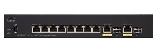 Cisco SF352-08P | Switch | 8x 100Mb/s Max PoE, 62W, 2x 1Gb/s Combo(RJ45/SFP) , gestionado Ilość portów LAN2x [1G Combo (RJ45/SFP)]
