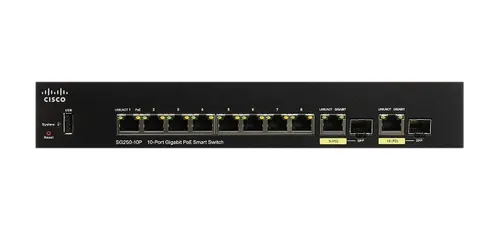 Cisco SG250-10P | Switch PoE | 8x 1000Mb/s PoE/PoE+, 2x 1Gb/s Combo, Moc 62W, PoE In,  Řízený Ilość portów PoE8x [802.3af/at (1G)]

