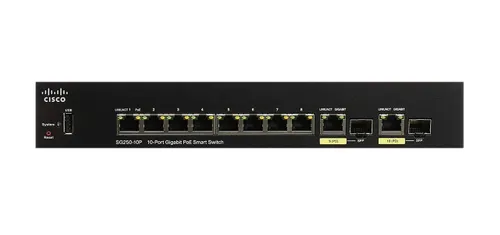 Cisco SG250-10P | Switch PoE | 8x 1000Mb/s PoE/PoE+, 2x 1Gb/s Combo, Moc 62W, PoE In, Zarządzalny Ilość portów PoE8x [802.3af/at (1G)]
