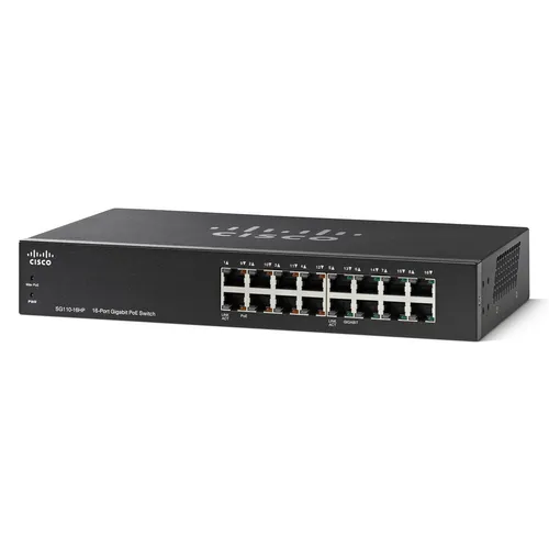 Cisco SG110-16HP | Switch | 16x 1000Mb/s, 8x PoE 802.3af, Kryt Rack Ilość portów LAN16x [10/100/1000M (RJ45)]
