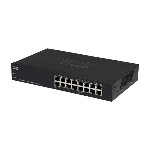 Cisco SG110-16HP | Switch | 16x 1000Mb/s, 8x PoE 802.3af, montaje en rack Ilość portów PoE8x [802.3af/at (1G)]
