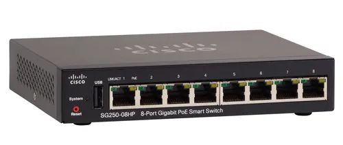 Cisco SG250-08HP | Switch PoE | 8x 1000Mb/s PoE/PoE+, Moc 45W, Zarządzalny Ilość portów LAN8x [10/100/1000M (RJ45)]
