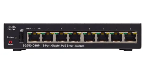 Cisco SG250-08HP | Switch PoE | 8x 1000Mb/s PoE/PoE+, Moc 45W, Řízený Ilość portów PoE8x [802.3af/at (1G)]
