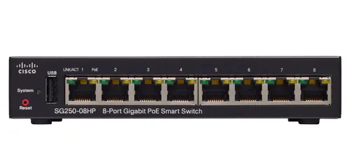 Cisco SG250-08HP | PoE Коммутатор | 8x 1000Mb/s PoE/PoE+, Power 45W, управляемый Ilość portów PoE8x [802.3af/at (1G)]
