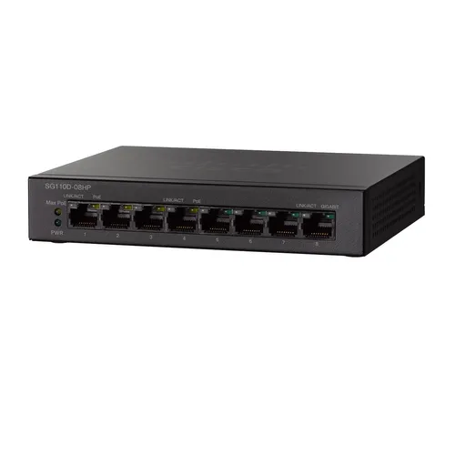 Cisco SG110D-08HP | Switch PoE | 8x 1000Mb/s, 4x PoE 802.3af, Obudowa Desktop Ilość portów LAN8x [10/100/1000M (RJ45)]
