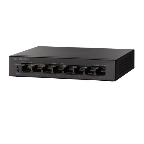 Cisco SG110D-08HP | PoE Switch | 8x 1000Mb/s, 4x PoE 802.3af, Desktop Ilość portów LAN8x [10/100/1000M (RJ45)]
