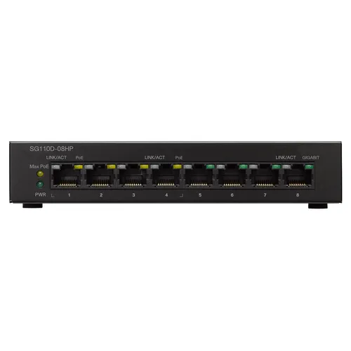 Cisco SG110D-08HP | Switch PoE | 8x 1000Mb/s, 4x PoE 802.3af, Obudowa Desktop Ilość portów PoE4x [802.3af/at (1G)]
