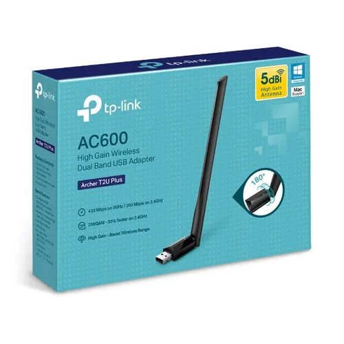 TP-Link Archer T2U Plus | WiFi USB adaptör | AC600, Dual Band, 5dBi CertyfikatyFCC, CE, RoHS