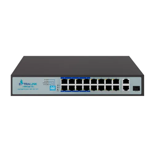 Extralink VIRTUS V3 | Switch PoE | 16x 100Mb/s PoE/PoE+, 2x Gigabit RJ45 + 1x SFP, 150W Ilość portów LAN2x [10/100/1000M (RJ45)]
