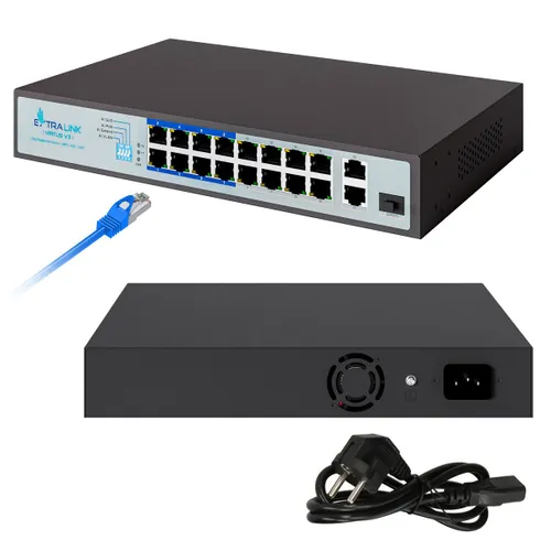 Extralink VIRTUS V3 | PoE Switch | 16x 100Mb/s PoE/PoE+, 2x Gigabit RJ45 + 1x SFP, 150W Ilość portów LAN16x [10/100M (RJ45)]
