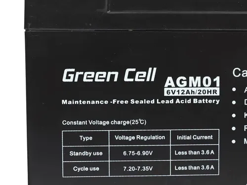 Green Cell AGM01 6V 12Ah | Akumulator | bezobsługowy Kolor produktuCzarny