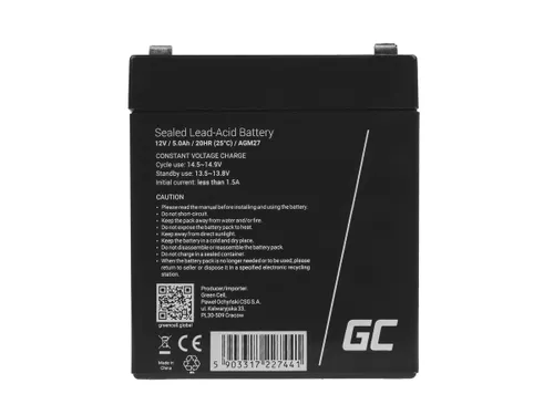 Green CellAGM 12V 5Ah | Batarya | Bakim gerektirmeyen Pojemność akumulatora<5 Ah