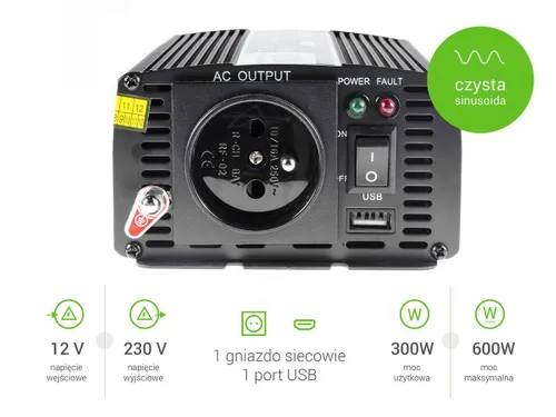 Green Cell INV05DE | Převodník napětí |automobilový 12V, 300W, čistý sinus Napięcie wyjściowe230V