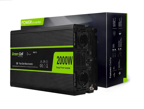 Green Cell INV11 | Car voltage converter | 12V, 2000W, pure sinwave Moc rzeczywista12