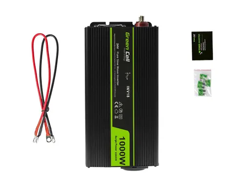 Green Cell INV18 | Převodník napětí | 24V, 1000W, čistý sinus Funkcje ochrony zasilaniaZabezpieczenie przed przegrzaniem, Krótkie spięcie