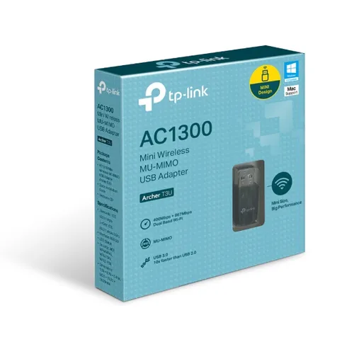 TP-Link Archer T3U Mini | Adapter WiFi USB | MU-MIMO AC1300 2,4GHz, 5GHz CertyfikatyCE, FCC