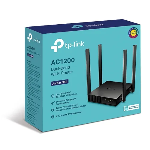 TP-Link Archer C54 | WiFi Роутер | AC1200, Dual Band, 5x RJ45 100Mb/s Częstotliwość Wi-FiDual-band (2.4 GHz/5 GHz)