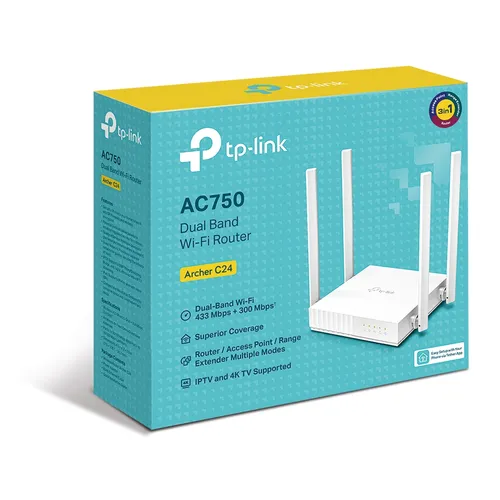 TP-Link Archer C24 | Router WiFi | AC750, Dual Band, 5x RJ45 100Mb/s Częstotliwość Wi-FiDual-band (2.4 GHz/5 GHz)