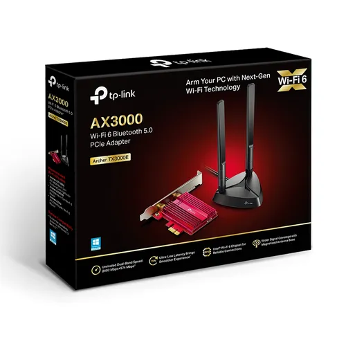 TP-Link Archer TX3000E | Karta sieciowa WiFi | PCI Express, AX3000, Dual Band, Bluetooth 5.0 Maksymalna prędkość transmisji bezprzewodowej3000 Mb/s