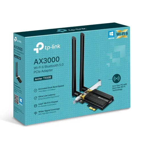 TP-Link Archer TX50E | Сетевая карта Wi-Fi | PCI Express, AX3000, Dual Band, Bluetooth 5.0 Maksymalna prędkość transmisji bezprzewodowej3000 Mb/s