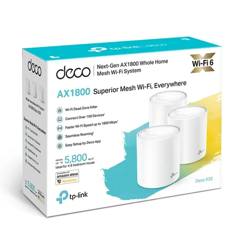 TP-Link Deco X20 3-Pack | Roteador Wi-Fi | Mesh, AX1800, Dual Band, OFDMA, MU-MIMO, 2x RJ45 1000Mb/s Częstotliwość Wi-FiDual-band (2.4 GHz/5 GHz)