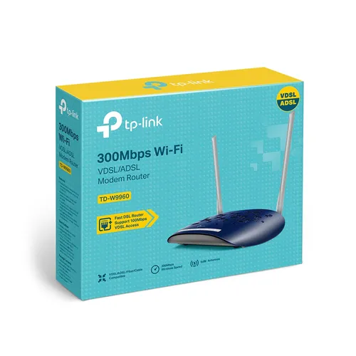 TP-Link TD-W9960 | Enrutador Wi-Fi | N300, VDSL/ADSL, 2.4GHz, 4x RJ45 100Mb/s, 1x RJ11 Standardy sieci bezprzewodowejIEEE 802.11n